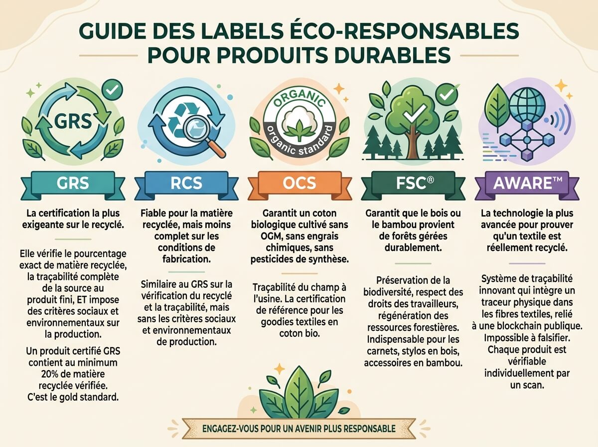 Logos des certifications écologiques fiables pour goodies : GRS, RCS, OCS, FSC et AWARE avec descriptions